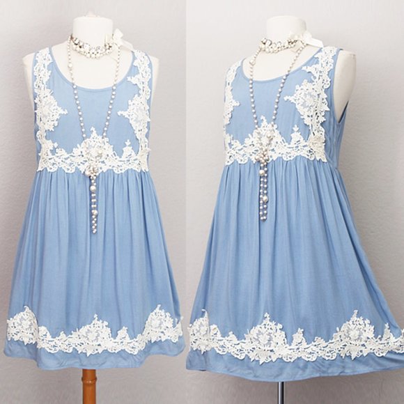 entro Dresses Light Blue Crochet Lace Trim Babydoll Shift Dress